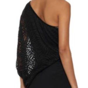 Halston One-shoulder layered lace &crepe jumpsuit